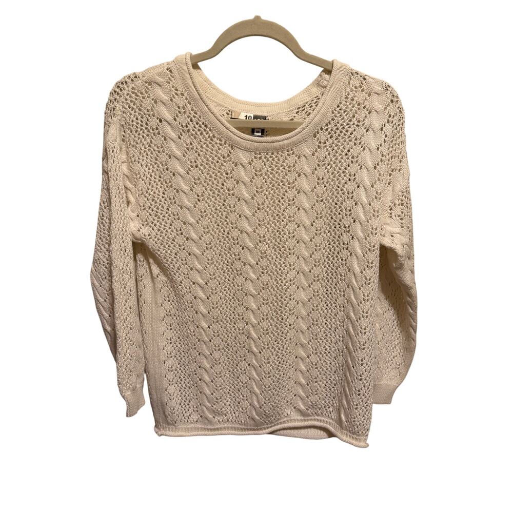 10 & Co Women’s Medium Ivory Cable Knit Openwork Cotton Sweater Coastal Boho - Picture 2 of 10